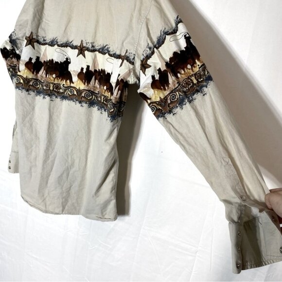 Vintage Panhandle Slim Beige Cowboy Horses Landscape Print Pearl Snap Shirt L - Picture 10 of 12